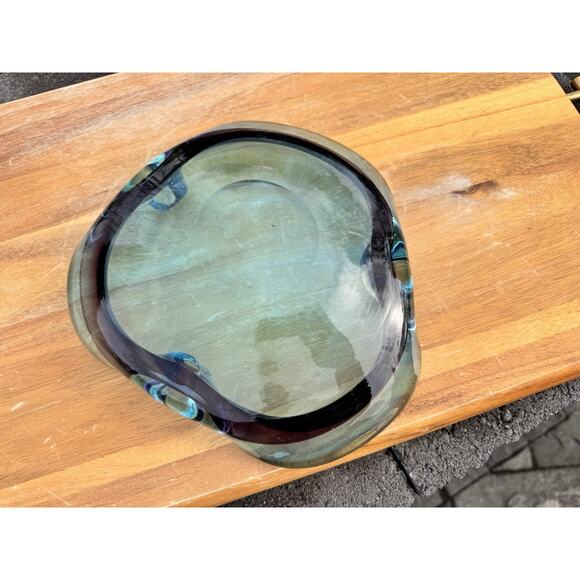 Vintage Murano Style Art Glass Ashtray Bowl 9” Teal Turquoise Sommerso Heavy MCM - Picture 8 of 8